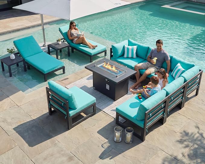 RADIATA 8 Seater Extra Large Modern Aluminum Outdoor Sofa with Lay Out Chair & Fire Pit Table, 500 lbs Durable Sectional Set for Heavy People, All Weather Comfy Patio Furniture Set for Backyard, Teal