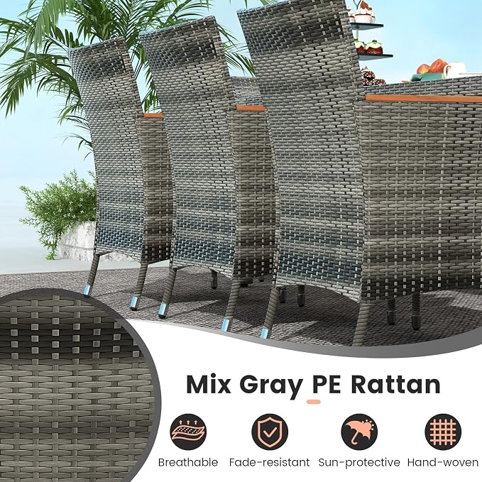Tangkula 11 Pieces Patio Dining Set with 15 ft Double-Sided Patio LED Umbrella (Base Included), Outdoor Rattan Furniture Set with 8 Armchairs, 1 Rectangular Acacia Wood Dining Table (Navy)