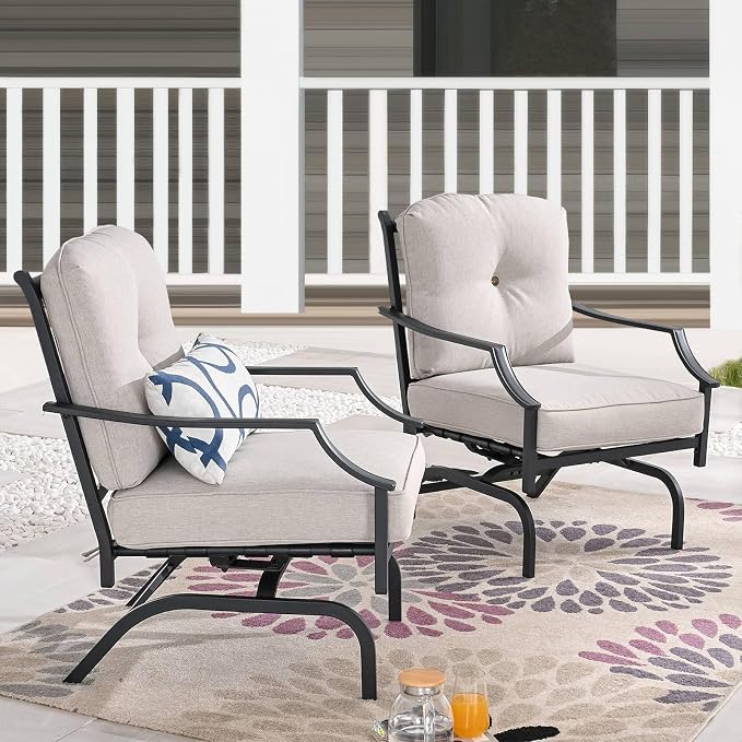 Patio Conversation Set 4 Pieces Metal Outdoor Furniture Sets Outside Loveseat with Rocking Chairs Coffee Table Thick Cushions (Beige)
