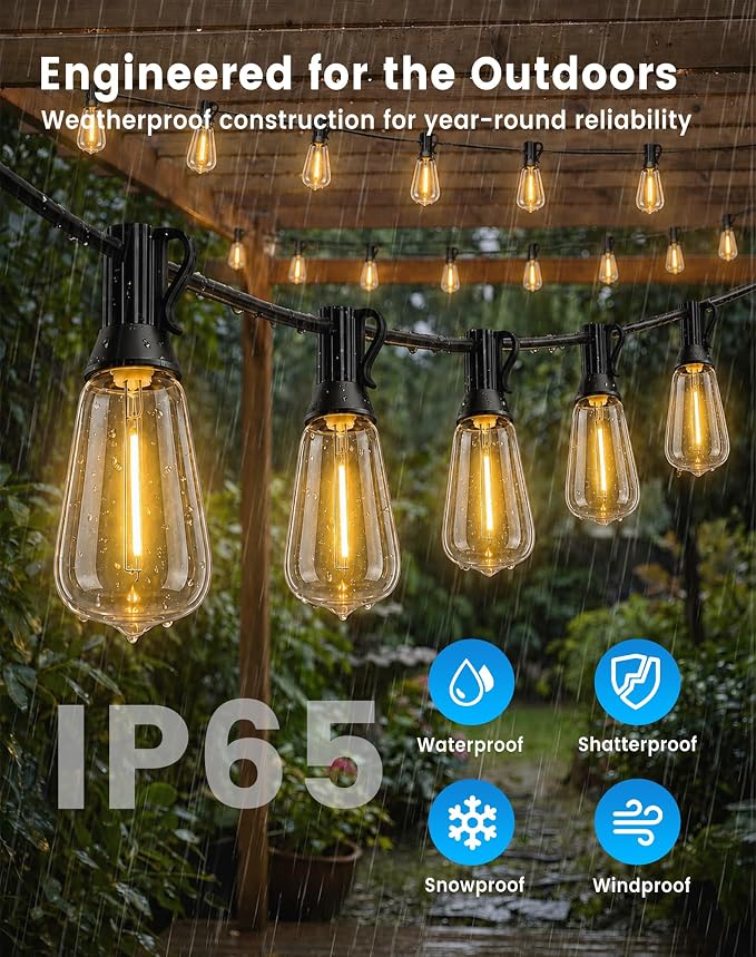 30FT(24+6) String Lights Outdoor, 2FT Bulb Spacing, Waterproof Shatterproof Warm White ST38 LED Edison Bulbs, Extension Cord, Plug in Connectable Hanging Patio Lights for Outside, Backyard