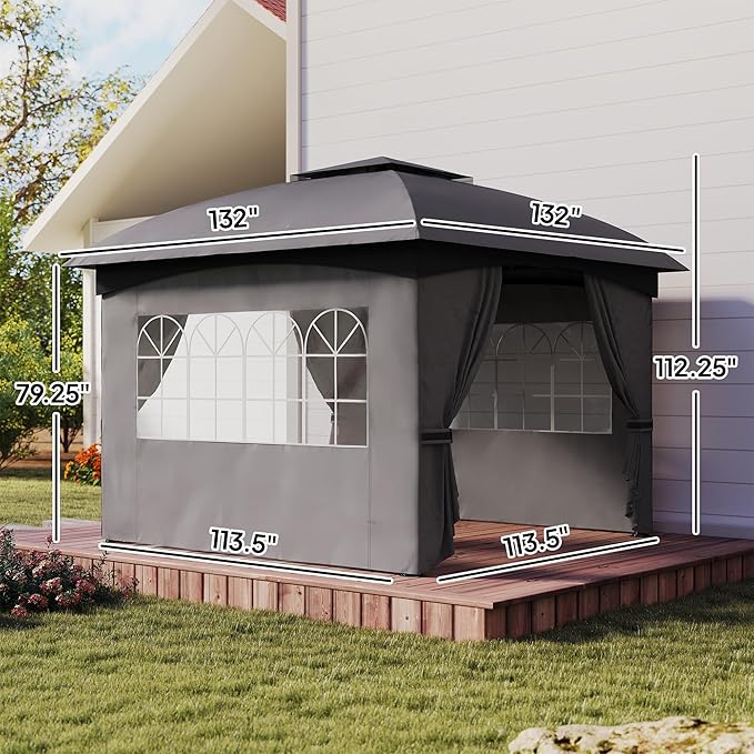 Outsunny 11' x 11' Outdoor Gazebo, Arc Patio Gazebo Canopy Shelter, UV Protected, with Curtains, Church Windows, Double Roof, Galvanized Steel Frame for Lawn, Backyard and Deck, Dark Gray