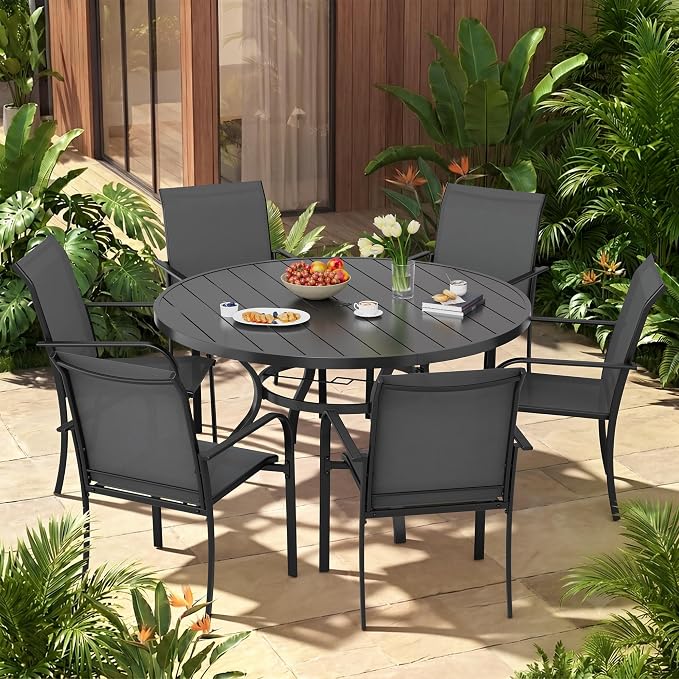 7-Piece Patio Dining Set,6 Person Outdoor Table and Chairs Set, 6 Metal Dining Chairs and Round Outdoor Table with 1.57" Umbrella Hole,Grey