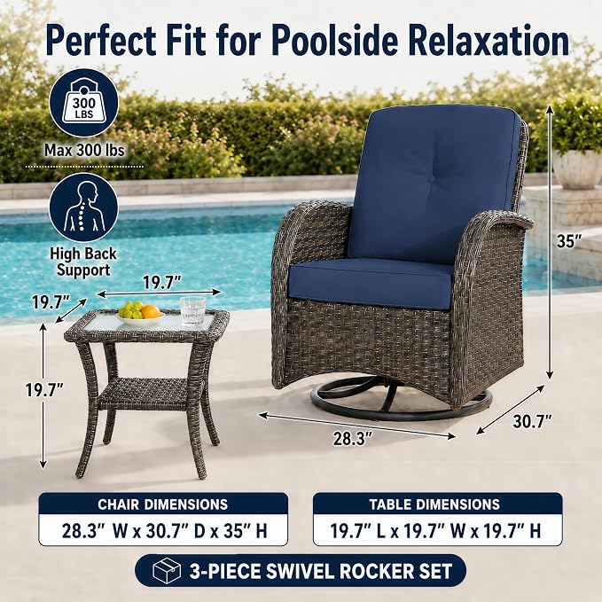 HUMMUH 3-Piece Patio Swivel Rocker Chairs Set with Glass Side Table | 360 degree swivel gliding, 4-inch thick sponge cushions, 250 lbs weight capacity, hand-woven pe wicker