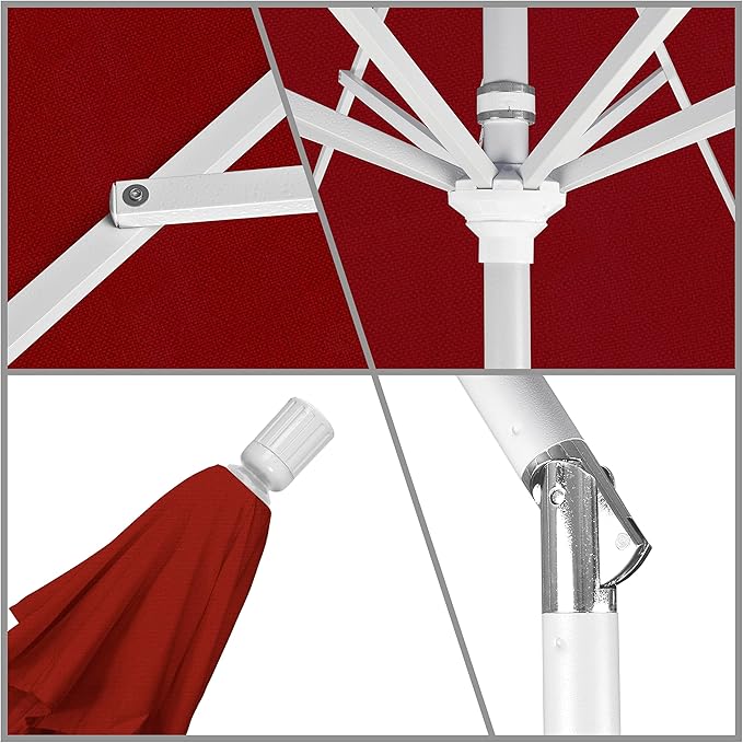 California Umbrella 9' Round Aluminum Market Umbrella, Crank Lift, Collar Tilt, White Pole, Red Olefin