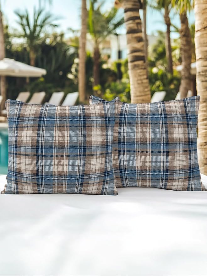 Waterproof Outdoor Pillow Set of 2 Beige Checked Plaid Decorative Throw Pillows Cover & Insert 16x16 Inch Pillowcase Stripes Woven Grid Square Pillows for Couch Sofa Bed Patio Furniture Indoor Outdoor