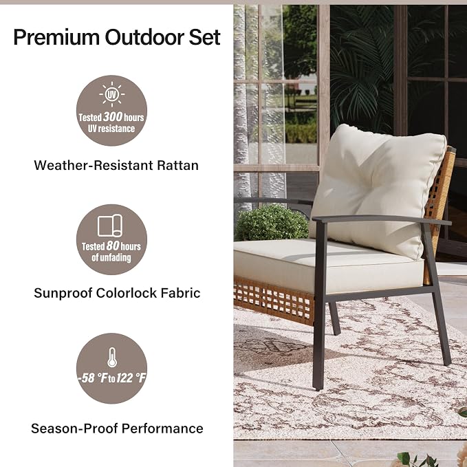LAUSAINT HOME Outdoor Rattan Bistro Set, Patio Furniture Wicker Chairs Set of 8 with Deep Seating and Thick Cushions, Oversize Conversation Set for Garden, Balcony and Backyard (Beige)