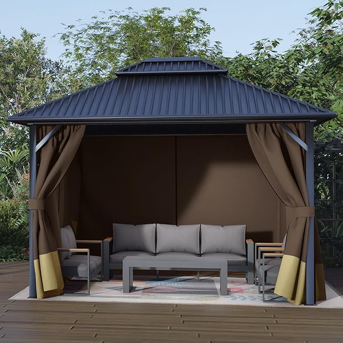 Aoodor 12x14 ft Outdoor Gazebo Curtains, 4 Panels Waterproof Privacy Sidewall Replacement with Zipper for Patio Pergola and Canopy, Brown and Khaki