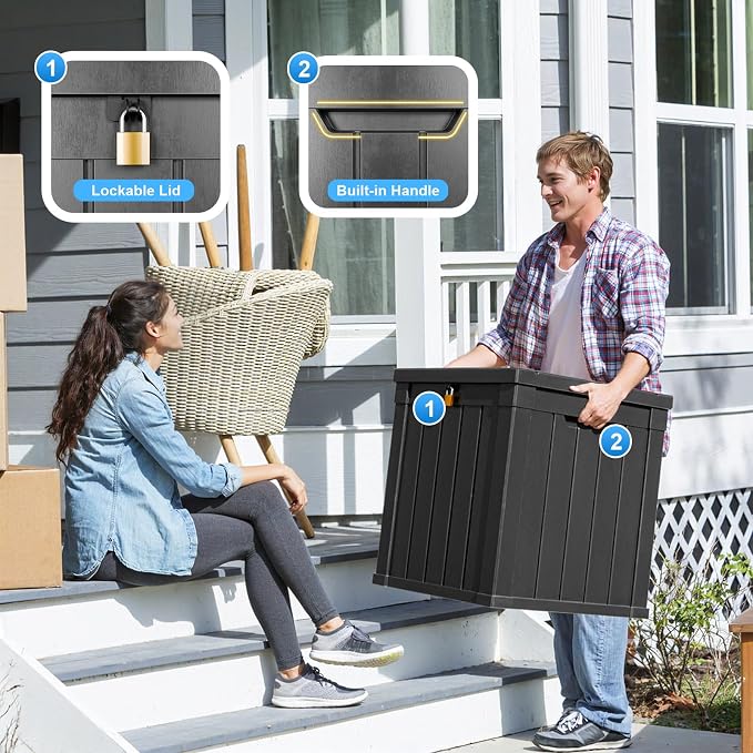 PatioZen 51 Gallon Resin Deck Box, Lockable Patio Outdoor Storage Box for Furniture, Garden Tools and Tools Storage, Waterproof Outside Storage Boxes - Black