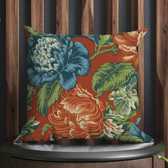 Blue Floral Chinoiserie on Orange Throw Pillow Covers Peony Chic Asian Pillowcase 24x24 INFarmhouse Accent Square Couch Sofa Cushion Covers for Couch Garden Tent Balcony