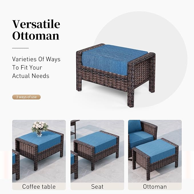 Patio Furniture Set with Swivel Chairs, High Back Wicker Rattan Furniture with 5.5" Thick Cushions, Fire Pit Table and Ottomans, All Weather Outdoor Conversation Set for Backyard Deck,7 Seats, Blue
