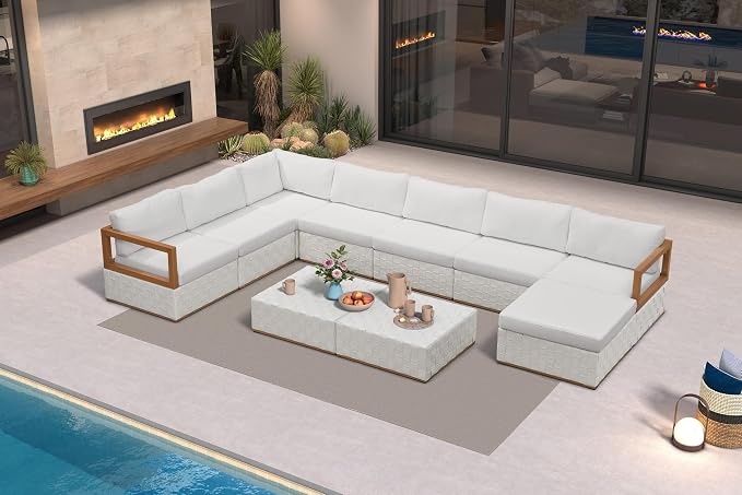PURPLE LEAF Patio Outdoor Furniture Set 10 Pieces, Premium Leather Outdoor Couch Sectional Sofa, Patio Couch for Porch with Olefin Cushions, Patio Conversation Sets for Porch, Balcony, Garden, White