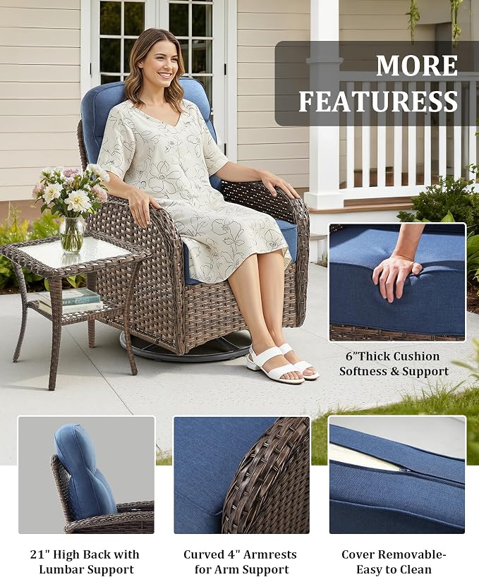 10-Piece Luxury Patio Furniture Set with 6-Inch Thick Cushions, High-Back Outdoor 4 Swivel Rocking Chairs with Wicker Side Table, All-Weather Conversation Set for Porch, Deck, Yard or Poolside – Blue