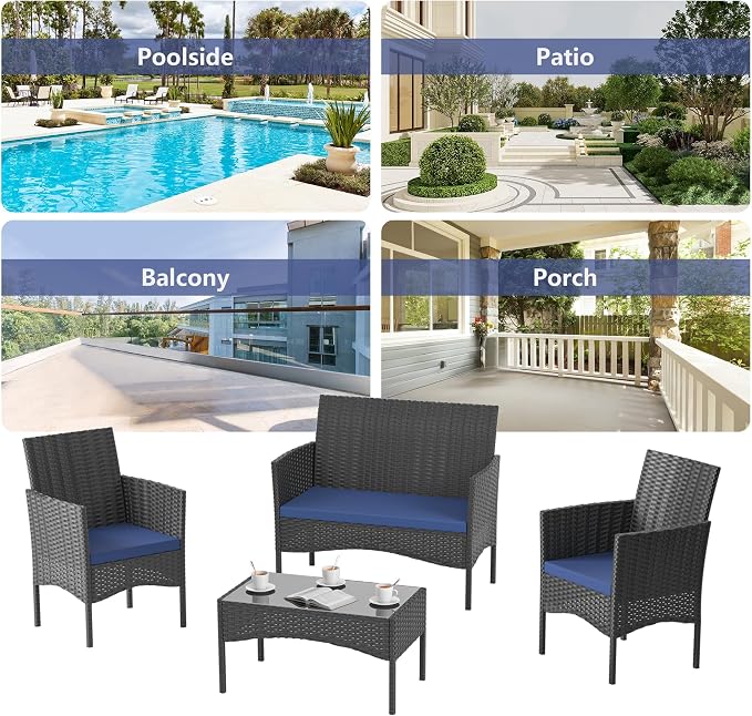 4 Pieces Outdoor Patio Furniture Sets,Wicker Conversation Set with Coffee Table,Loveseat and Wicker Patio Chairs with Soft Cushion for Porch, Garden, Lawn(Navy Blue)
