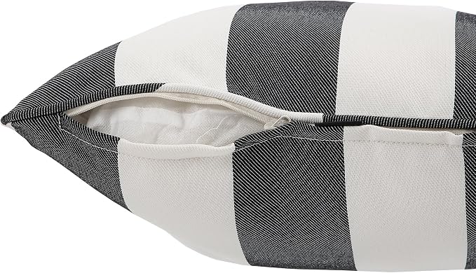 Outdoor Throw Pillow with Insert 18x18 Inch, Set of 2, Piping Edge Waterproof Fade Resistant Decorative Fluffy Pillows for Patio Furniture Chair Bench Couch Sofa - Black Ivory Striped