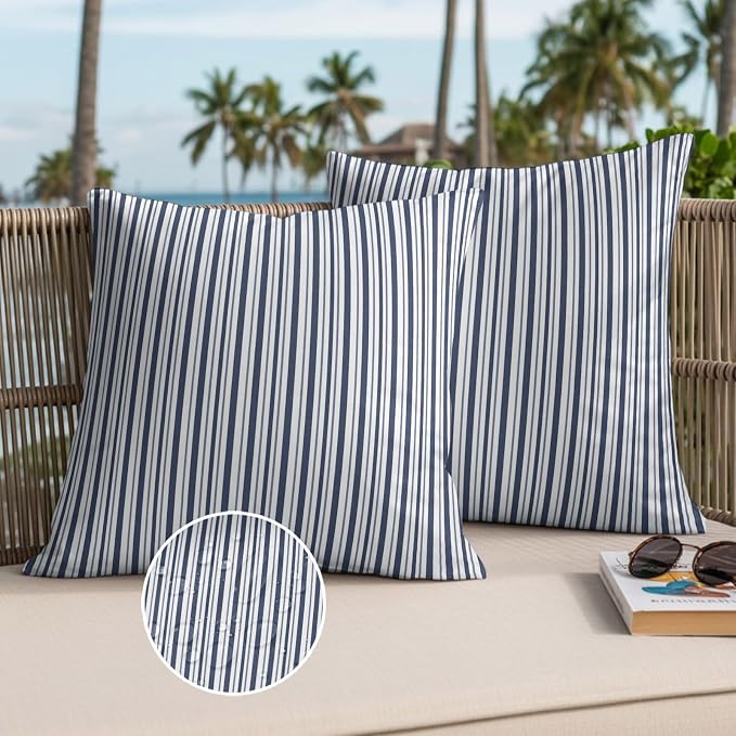 Navy Blue Vertical Stripes Waterproof Outdoor Pillow Covers Set of 2 Home Decor, Pinstripes Apricot Lines Pillowcase Patio Pillow Covers for Couch Bench Patio Furniture Garden 16x16in
