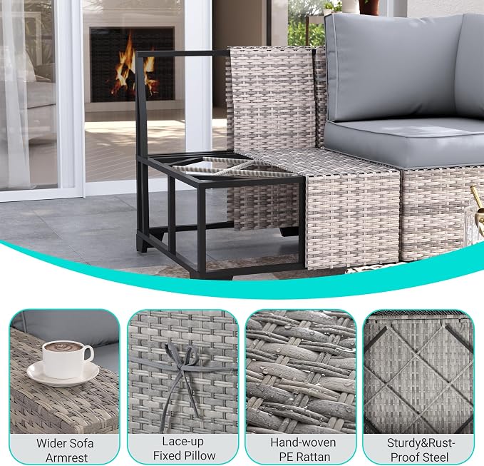 13-Piece Outdoor Patio Furniture Set with 55,000 BTU Fire Pit Table, Grey PE Wicker Rattan Sectional Sofa Patio Conversation Set with Coffee Table, Grey