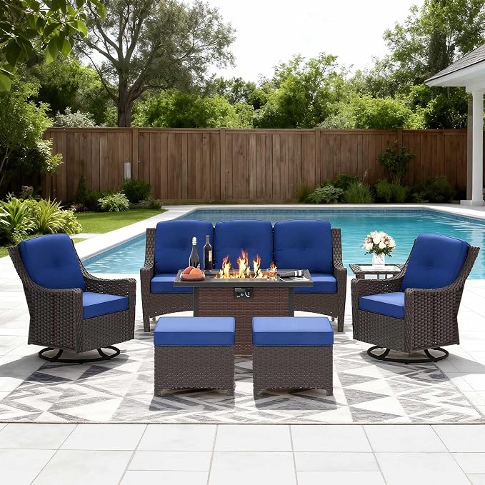 7-Piece Patio Furniture Set Includes Fire Pit Table Outdoor Furniture Combination Rattan Swivel Chair Rattan Sofa with Coffee Table Suitable for Gardens, Patios, and Poolside (Blue)
