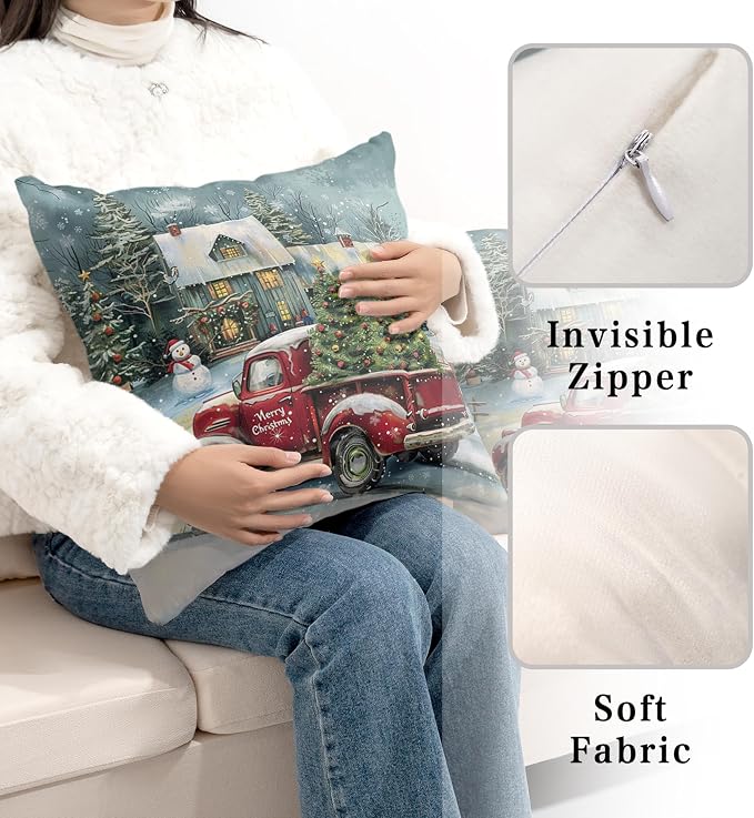 Red Truck Christmas Pillow Covers 18x18 Set of 2 Merry Christmas Pillow Case Xmas Tree Cabin Snowman Cushion Case for Winter Holiday Decorations Couch Bedroom