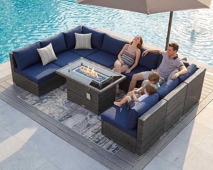 BULEXYARD 9 Pieces Highback Wicker Patio Furniture Set with Firepit, High Weight Capacity Outdoor Sectional Couch Sofa 8-Seater Modular, Plus Comfortable Wide Deep Deck Seating Group, Grey & Navy Blue