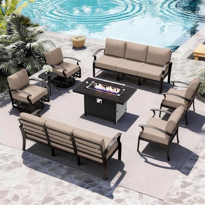 ALAULM Aluminum Patio Furniture Set with Propane Fire Pit Table 10-seat Metal Outdoor Furniture w/Fire Pit Patio Sectional w/5.1" Cushions for Patio, Backyard, Poolside-Sand