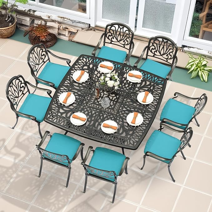 MEETWARM 9-Piece Outdoor Furniture Dining Set for 8, All Weather Cast Aluminum Patio Dining Set- Large 64" Square Table with Umbrella Hole, 8 Cushioned Chairs, Patio Table and Chairs Set, Ocean Blue