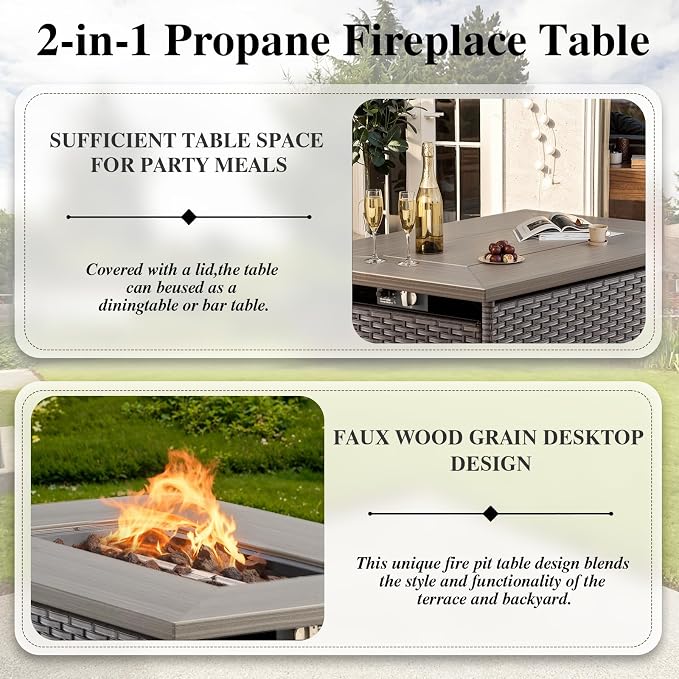 HUMMUH 5 Piece Patio Furniture Set with Fire Pit Table 41in 55,000 BTU,Wicker Outdoor Conversation Sets -Patio Sofa Outdoor Chairs Set of 2 for Porch,Garden,Backyard