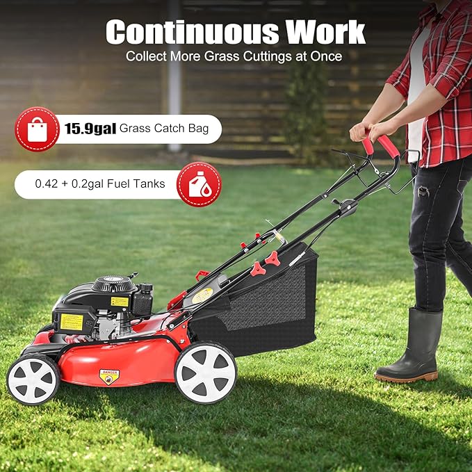 5HP Self-Propelled Gas Lawn Mower with 140CC 4-Stroke Engine, 20" Mowing Width, 8-Height Adjustments, 15.9 Gal Grass Bag for Garden and Lawn Care