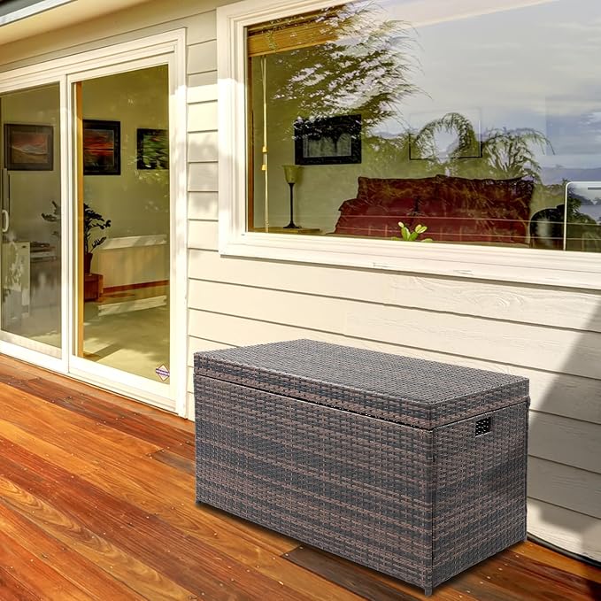 132 Gallon Outdoor Storage Box, Patio Rattan Deck Box, Wicker Storage Bench for Indoor, Outdoor, Pool, Balcony, Yard, Garden, Brown,Storage Container Bin Chest for Cover, Pillow, Towel