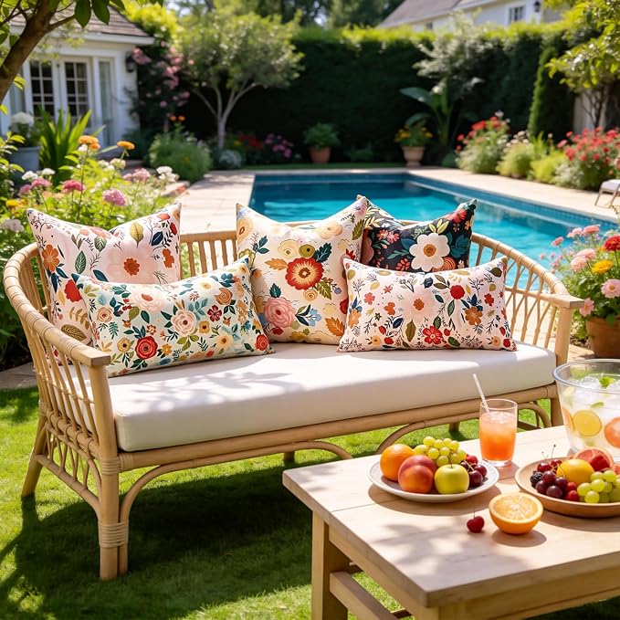 Decorative Waterproof Lumbar Pillow Covers Outdoor Pillow Covers Summer Accent Beige Floral Couch Covers Garden Farmhouse Throw Cushion Cases 12x20 Inch Set of 2 for Patio Tent Balcony Bench Sofa
