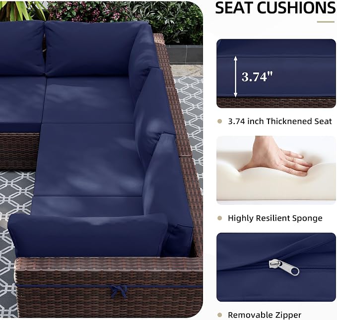 UPHA 5 Pieces Patio Furniture Sets, Wicker Outdoor Sectional Sofa Couch with Coffee Table, Patio Conversation Set for Deck Backyard Garden, Brown Rattan, Navy Blue Cushion