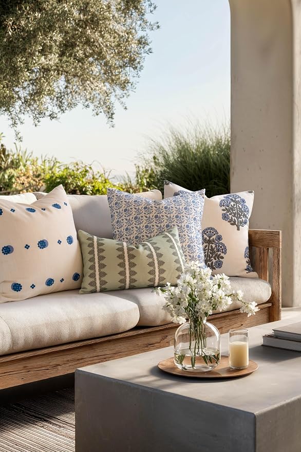 California Casual Coastal Indoor Outdoor Lumbar Pillow Cover, 12"x20" Water Repellent for Patio, Backyard, Couch, Poolside, Olive Light Green Print Leaves Stripes
