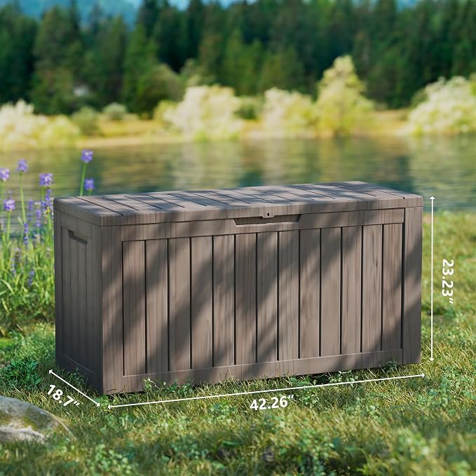 80 Gallon Deck Boxes Outdoor Waterproof, Outdoor Storage Box with Lockable Lid & UV-Resistant for Patio Furniture, Outdoor Cushions, Garden Tools and Pool Supplies, Light Brown