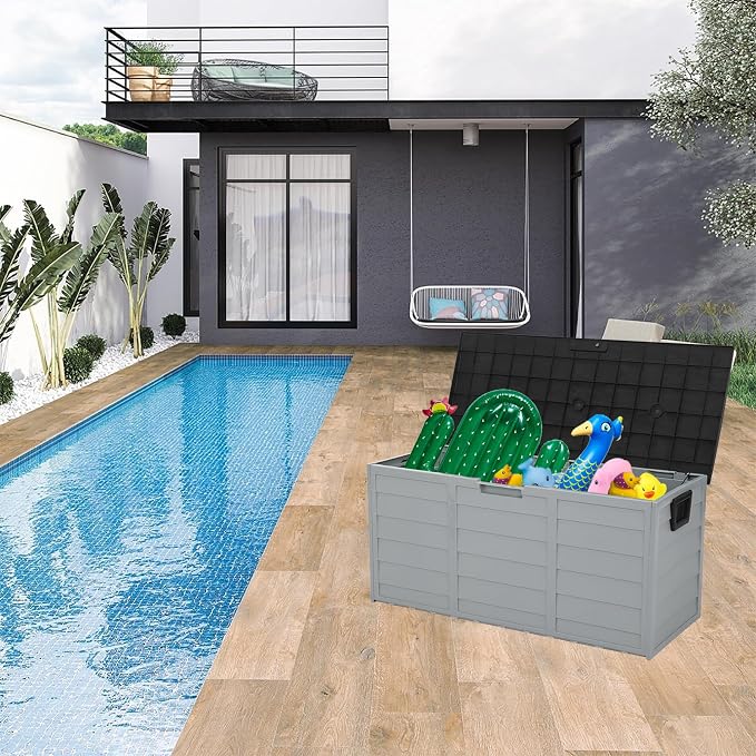 75gal Patio Garden Storage Deck Box, Large Storage Box Organizer, Lockable Seat & Wheels Durable Plastic Weatherproof Extra Storage for Tools, Cushions, Toys Easy Assembly Black