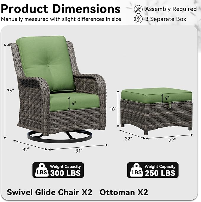 4 Piece Outdoor Wicker Patio Furniture Set, Outdoor Swivel Rocker Patio Chairs Set with Thickened Olefin Cushions, High Back and Deep Seating, Hand-Woven PE Rattan, Ottoman for Porch, Deck