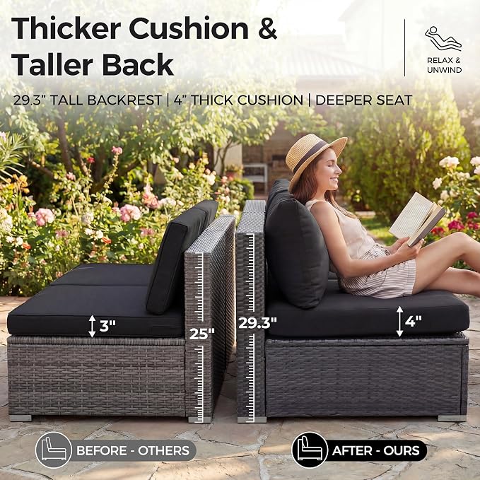 NICESOUL 11 Piece Sectional Outdoor Set with Chaise Lounge, Extra Large Backyard Seating with Firepit, 29.3'' Highback Patio Couch Sofa, Heavy Duty All-Weather Wicker Furniture for Deck, Grey & Black