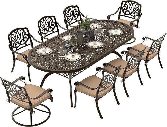 9-Piece Outdoor Dining Set, Retro Bronze Cast Aluminum Patio Furniture Include 86.6" Oval Table and 8 Fixed Chairs with Cushion and Umbrella Hole for Patio Deck Garden