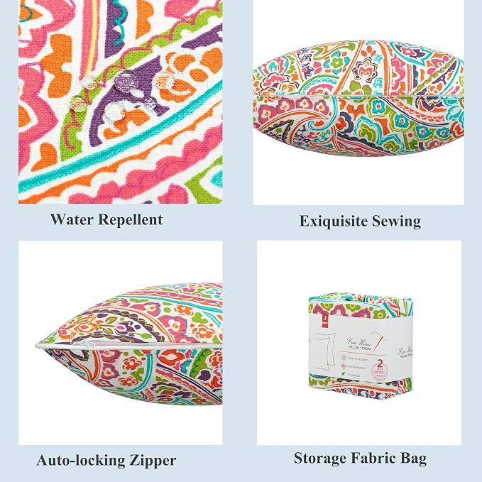 Outdoor Pillow Covers 18x18 Inch Pack of 2, No Insert-Melora Paisley | Square Throw Pillow Covers, Water-Repellent, Modern Pillow Cases for Sofa Patio Couch Decoration
