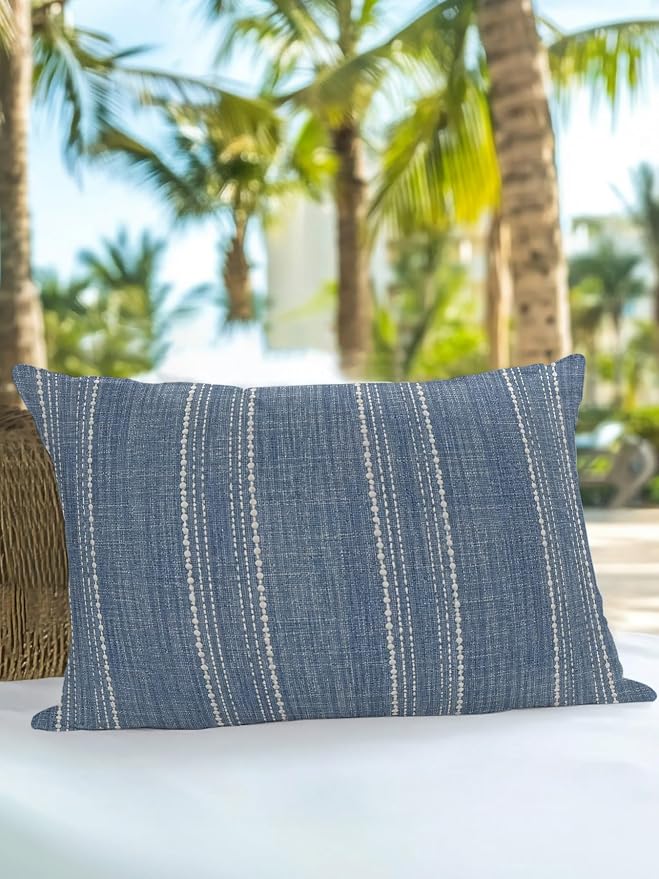 Waterproof Outdoor Pillow 1 Pack Denim Blue Linen Stripes Decorative Throw Pillows Cover & Insert 20x12 Inch Lumbar Pillowcase Parallel Vertical Lines Pillows for Couch Sofa Bed Patio Furniture