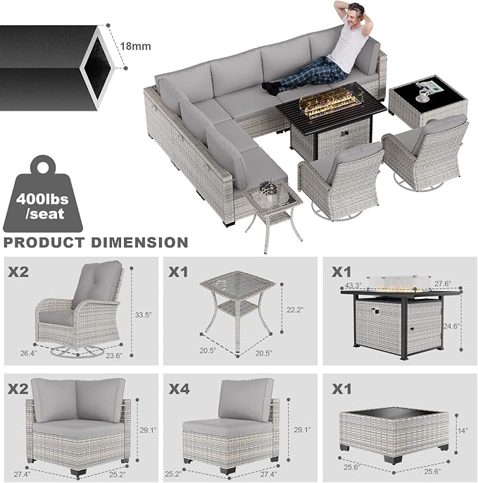 11-Piece Patio Furniture Set, Outdoor Patio Furniture with 55,000 BTU Fire Pit Table, Swivel Chairs Set, Thick Cushions, Modular Patio Sofa, Dual-Strand Wicker Rattan, Rust-Resistant Frame, Grey