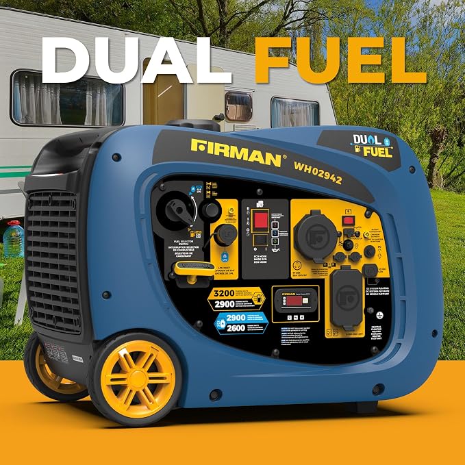 FIRMAN WH02942 Dual Fuel Inverter Portable Generator, 3200W Electric Start, Quiet 58 dB Operation, RV Ready TT-30R Outlet, Clean Inverter Power, Gas or Propane for Camping, Home Backup, Outdoor Use