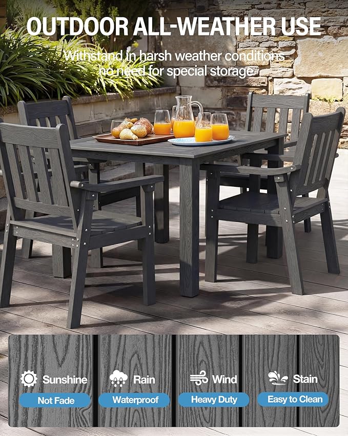 YEFU HIPS Patio Table Set: 5 Piece Outdoor Square Table and Chairs with Metal Aluminum Frame - Gray Modern Plastic Patio Dining Furniture Set 4 Person for Outside Deck