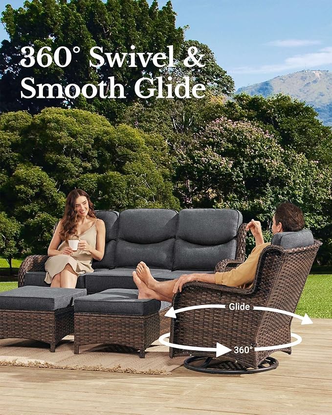 HILLGA Luxury Outdoor Patio Furniture Set with 6-Inch Thick Cushions, High Back Wicker Swivel Rocker Chairs, 13 Pcs All Weather Conversation Set for Large Deck, Yard and Poolside, Gray (V3)