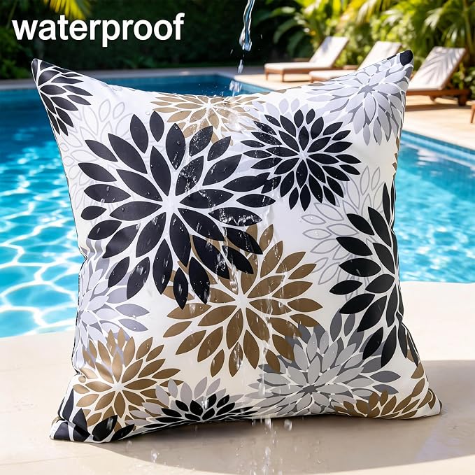 Pack of 2 Dahlia Outdoor Waterproof Throw Throw Pillow Cases 20×20 Black and Brown Throw Pillow Cases Spring Summer Decorative Cushion Covers for Couch Bench Furniture Patio Garden