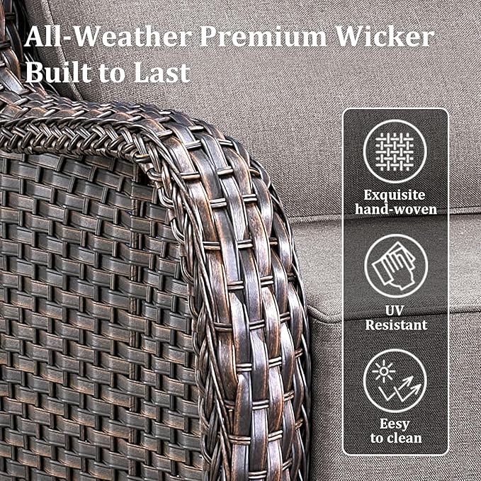 Luxury High Back Patio Furniture Set with 6-Inch Thick Cushions, 6-Pieces Outdoor Furniture with Swivel Chairs &Side Table, Wicker Conversation Set for Porch, Balcony, Deck and Yard, Brown/Grey