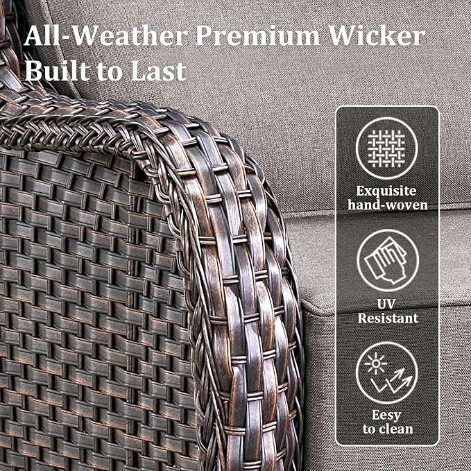 Luxury Patio Furniture Set with 42.5" Fire Pit Table, 10 Pieces High Back All Weather Wicker Outdoor Furniture w/ 6-Inch Thick Cushions, Patio Swivel Chairs Couch for Deck Balcony Backyard Brown/Grey