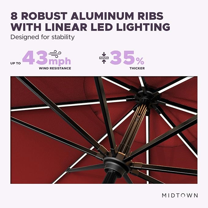 Midtown Umbrellas The LED Swilt 10 Feet Patio Umbrella With Terylast Apple (Red) Polyester Fabric - Auto-Tilt Aluminum Frame With LED Lights For Backyard, Deck, Garden, Pool - Black Pole
