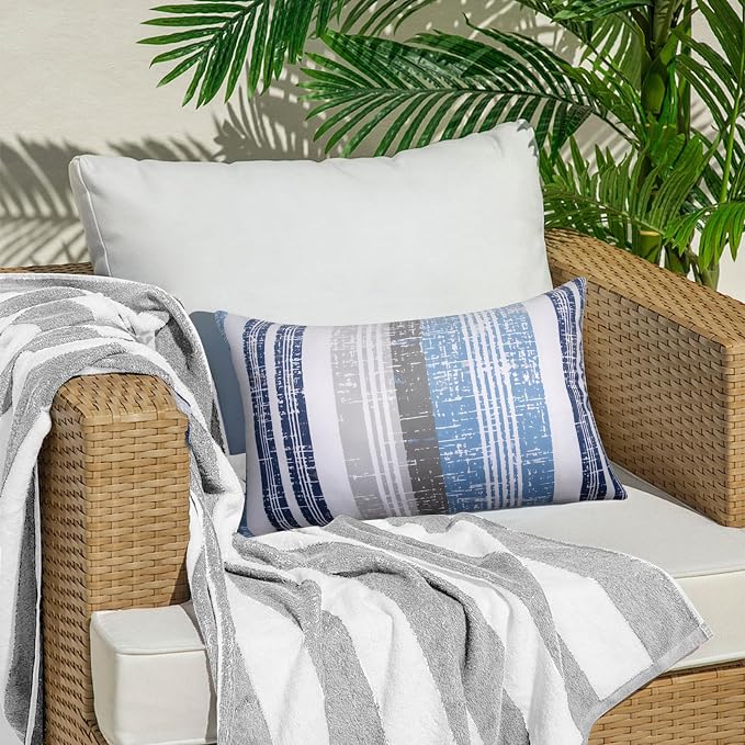 12x20 Waterproof Outdoor Pillows, Set of 2 Outdoor Lumbar Pillows | Patio Furniture Pillows, Decorative Throw Pillows, Waterproof & Fade Resistant, Removable & Washable, Stripe Blue White