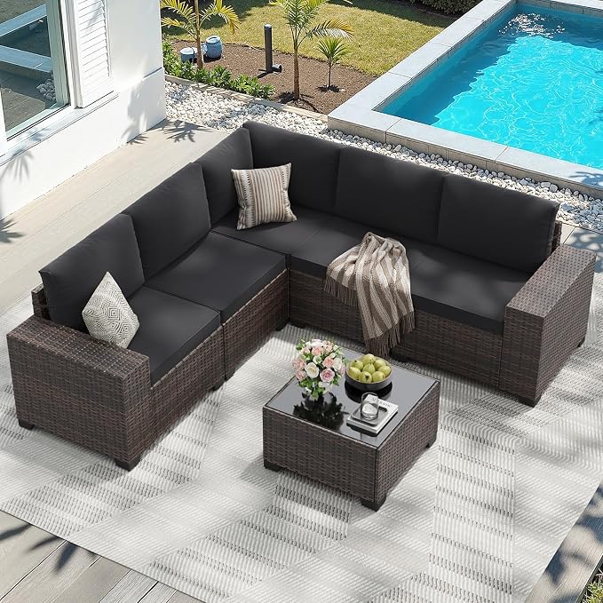 Soohow 6-Piece Patio Furniture Set All-Weather Outdoor Wicker Sectional Conversation Set with Cushion and Glass Table for Garden, Porch, Backyard, Black Cushions