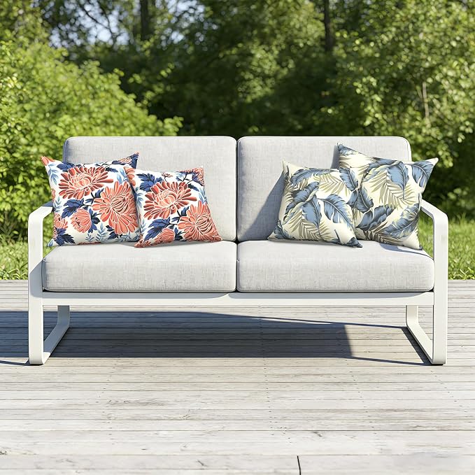Outdoor Pillows with Insert 18x18 Inch, Waterproof Throw Pillow for Patio Furniture, Decorative Back Cushion for Garden Home Sofa Office Chair, Set of 2, Lush Palm Blue