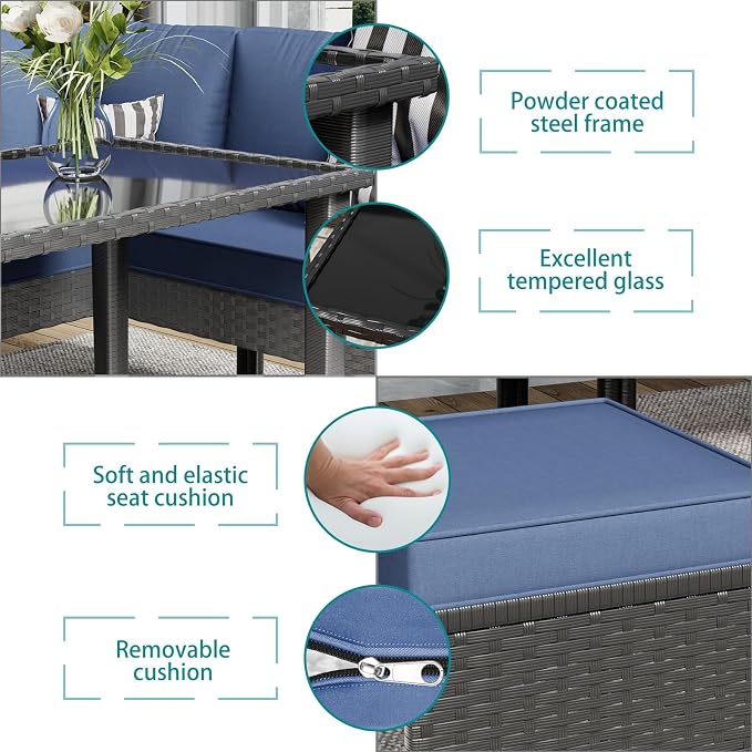 7-Piece Patio Furniture Set, All-Weather Wicker Sectional Sofa with Seat & Back Cushions, Long Glass Coffee Table, Outdoor Rattan Conversation Set for Garden, Porch, Lawn, Blue